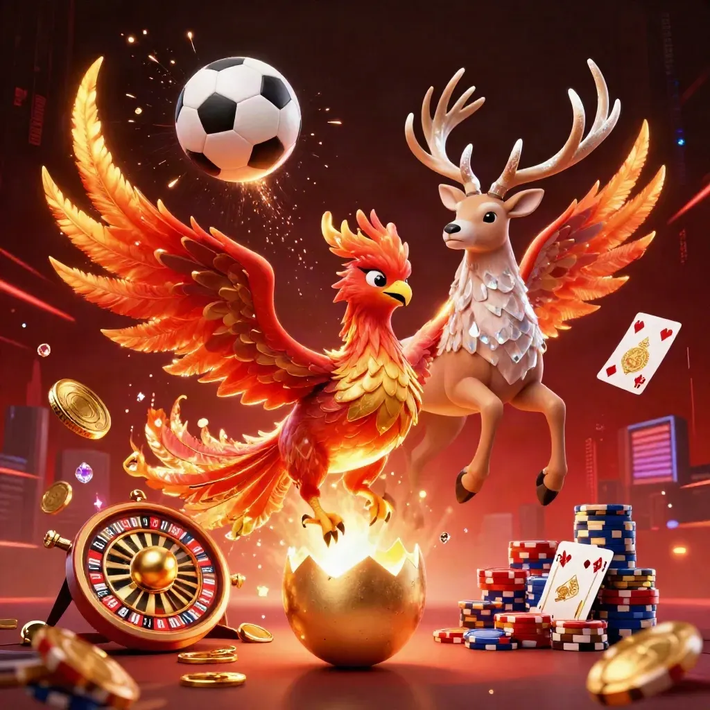 Phoenix, stag, roulette wheel, coins, cards, chips and sports balls burst in a crimson casino sky.