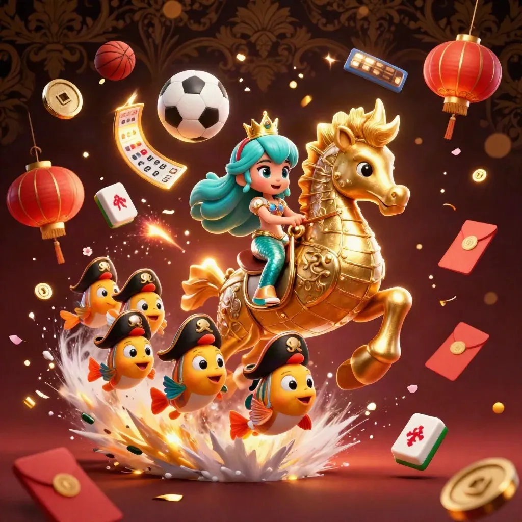 Mermaid princess rides a gold-armored seahorse amid casino tokens and sports balls