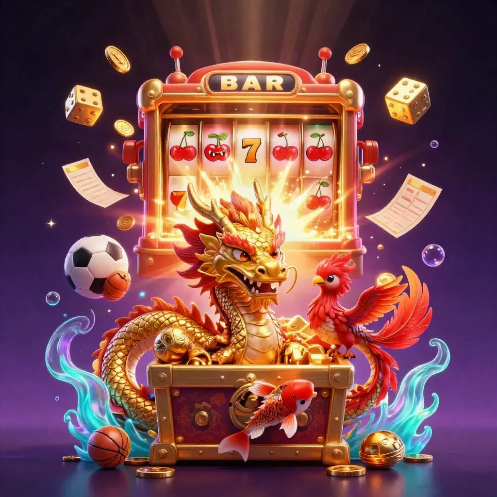 Golden dragon, phoenix, koi, slot machine, dice, and treasure explode in neon casino light.