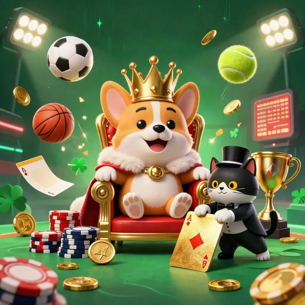 Royal corgi king and cat butler amid flying sports balls, gold coins, and casino lights