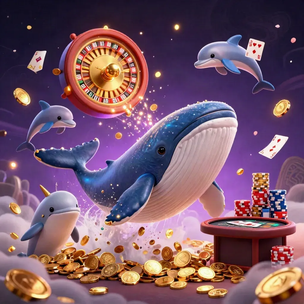 Whale captain, narwhal, and dolphins in a luxe casino sea of coins with spinning roulette and glowing gems