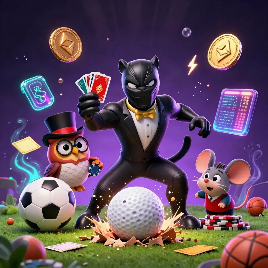 Panther, owl and mouse amid a golf-ball burst, floating crypto coins and neon casino glow