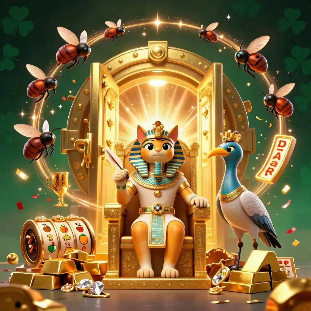 Pharaoh cat, ibis scribe and gem-winged scarabs amid treasure, vault light and gold casino glow.