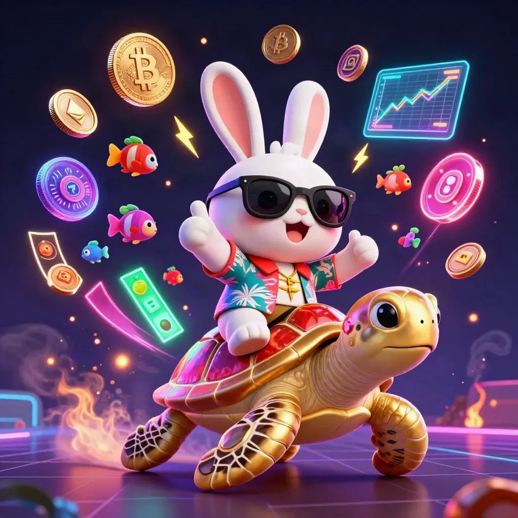 Lucky rabbit rides a gold sea turtle amid crypto coins, neon effects, and casino bursts.