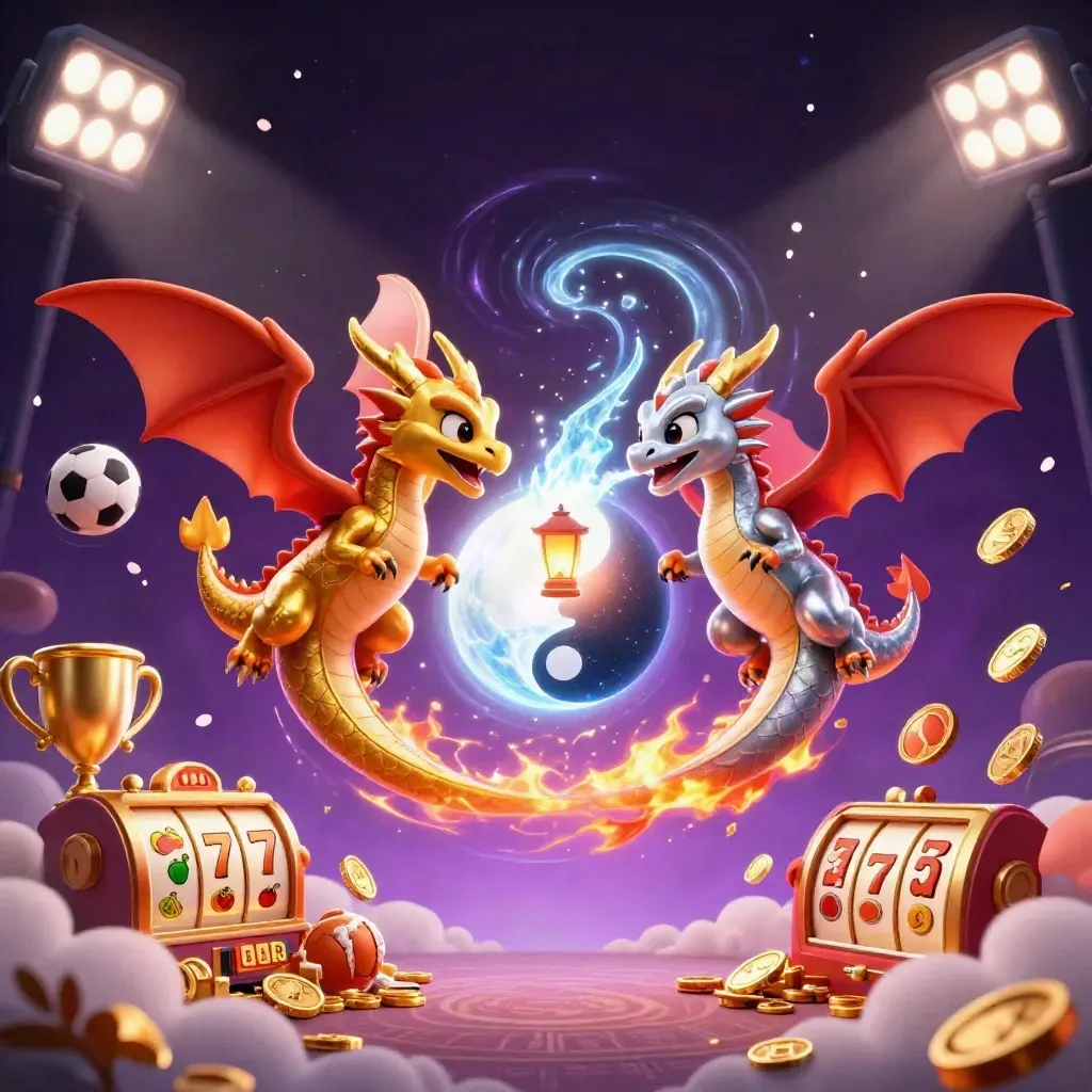 Gold and silver dragons in yin-yang flight with casino treasure, sports balls, and neon effects.