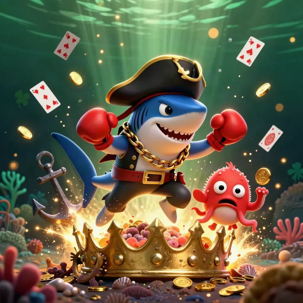 Pirate shark, boxing pufferfish, and coin-juggling octopus in a sunken treasure cove.