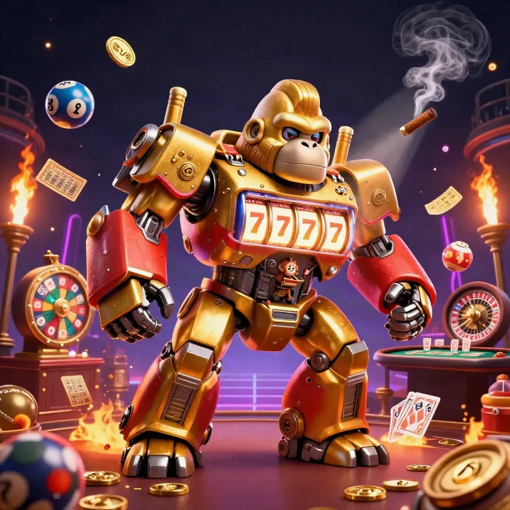 Golden gorilla mech with monkey pilot amid roulette, prize wheel, and casino sparks in neon luxury