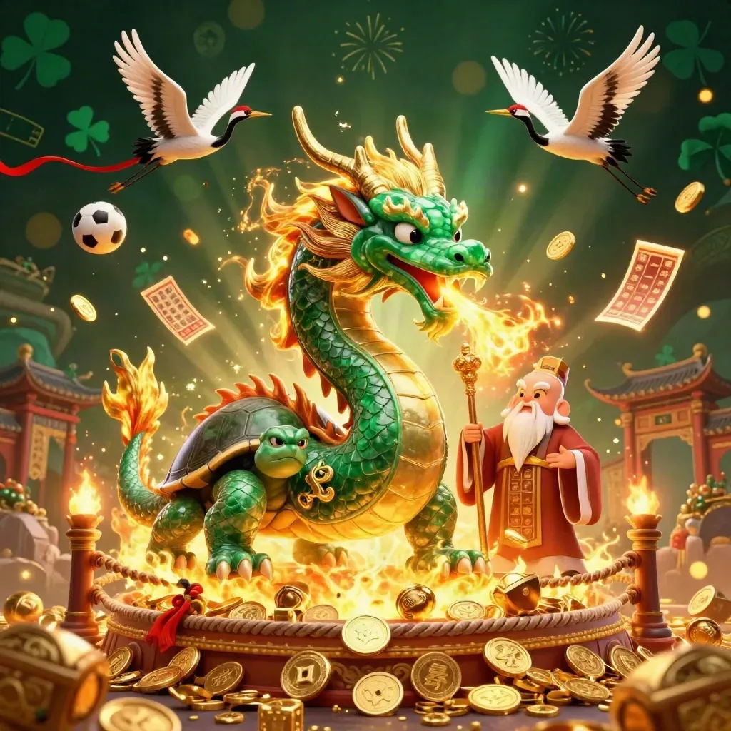 Jade dragon, turtle sage, cranes, and casino loot burst in a glowing emerald treasure scene.