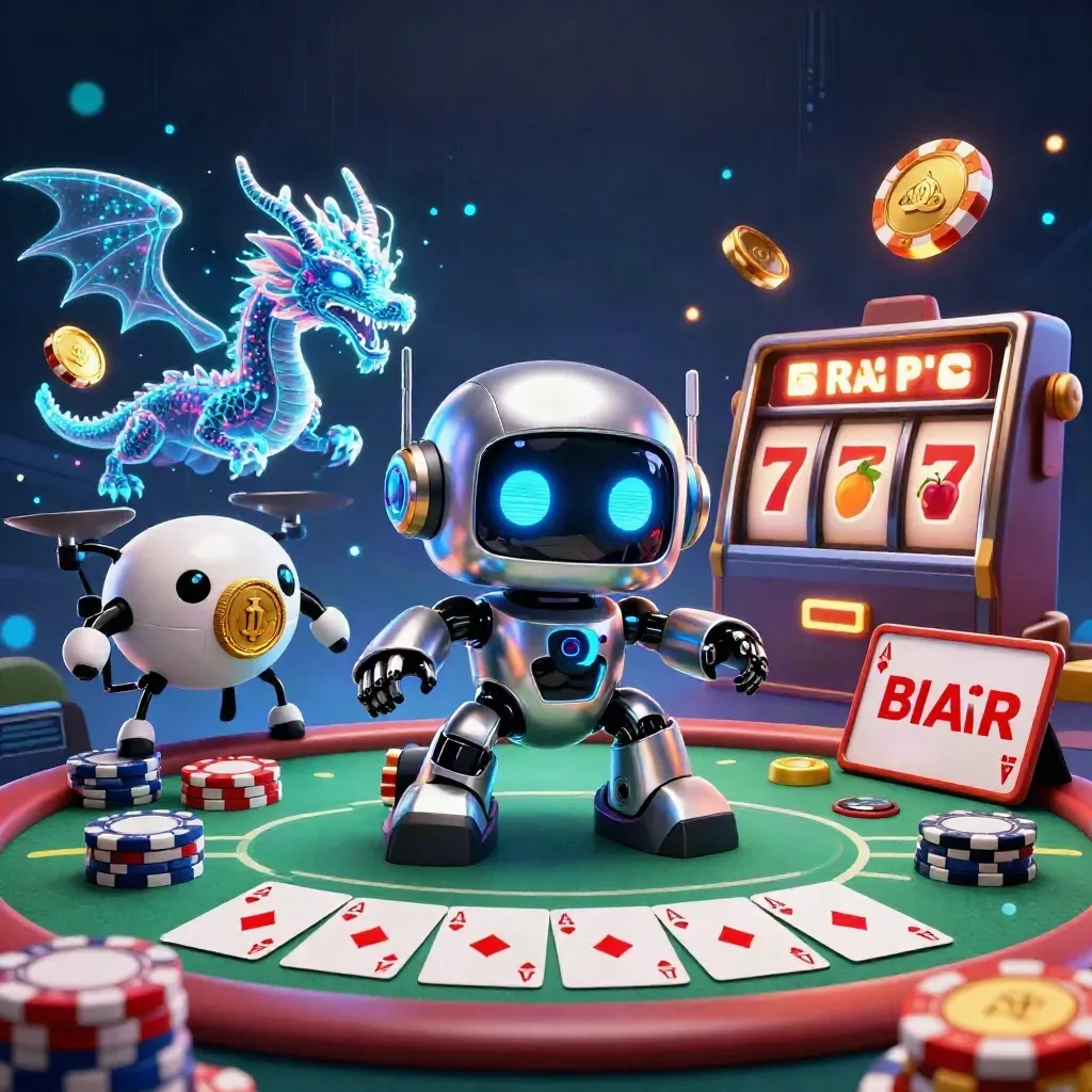 Cyberpunk robot, holographic dragon and coin drone over a casino poker table with chips and glowing effects