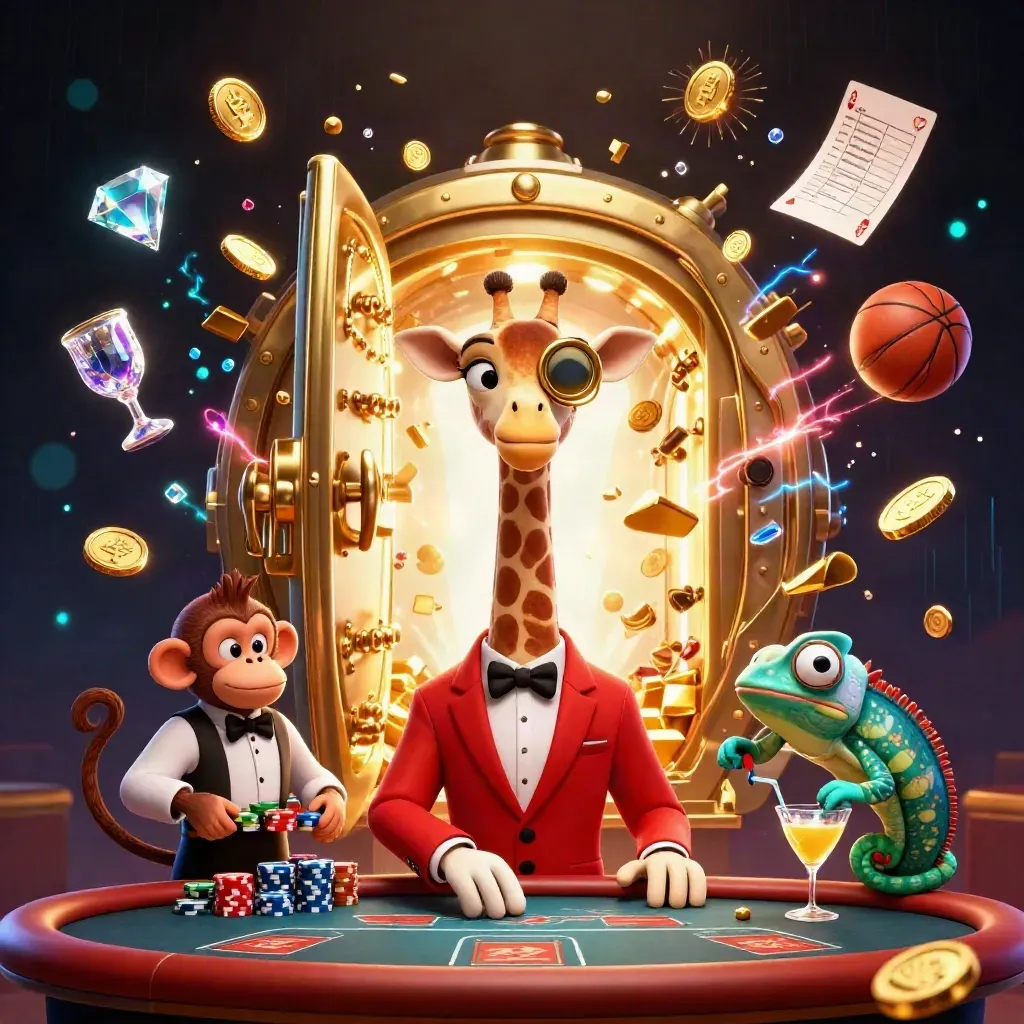 Giraffe, monkey valet, and chameleon bartender celebrate amid a blazing vault of gold and gems.