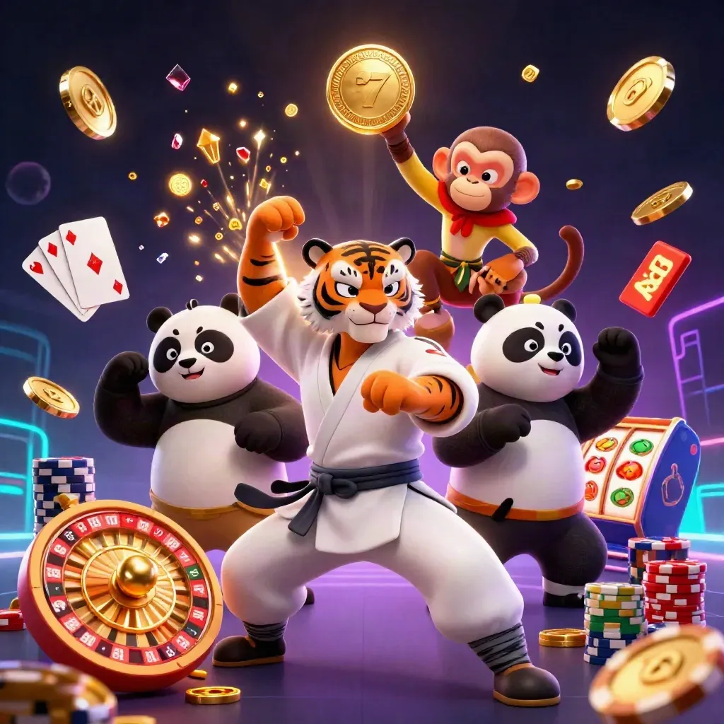 Tiger, panda, and monkey in a casino rush with coins, roulette wheel, chips, and neon glow.