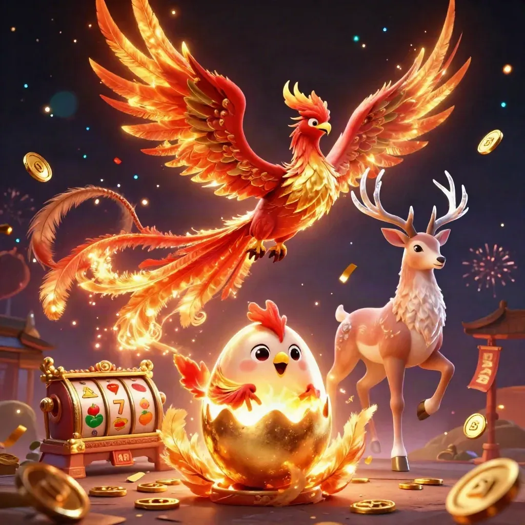 Phoenix, hatching baby phoenix, and crystal-antler stag amid casino magic and gold bursts.
