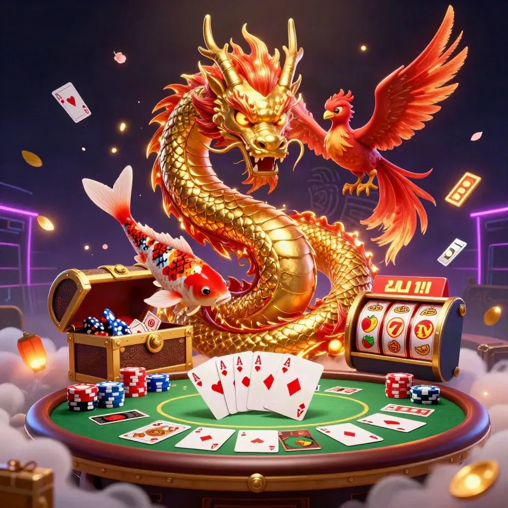 Golden dragon, phoenix and koi explode over poker chips, cards and neon casino lights.