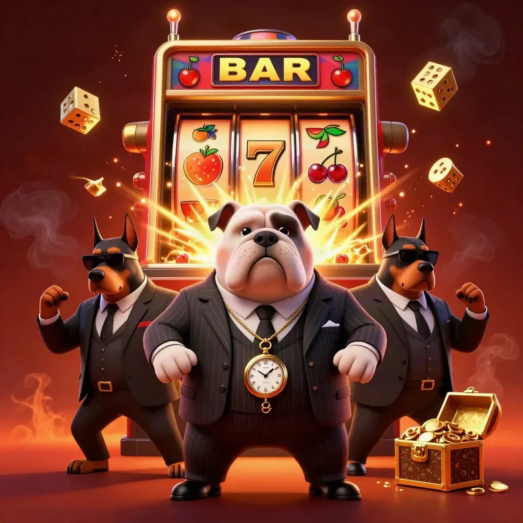 Bulldog boss and two Dobermans amid exploding slot symbols, gold dice, chest, and embers.