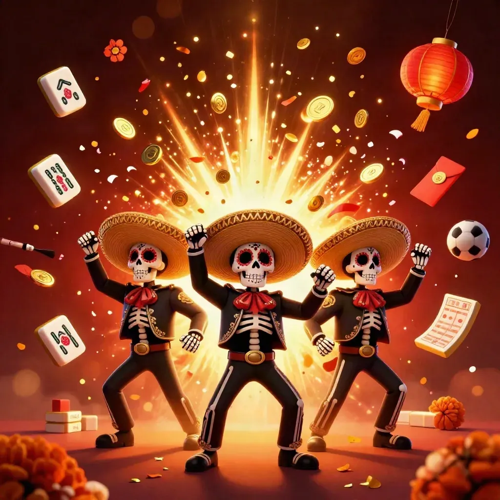 Skeleton mariachi trio amid coin burst, fireworks, lanterns, tokens, petals, and casino props