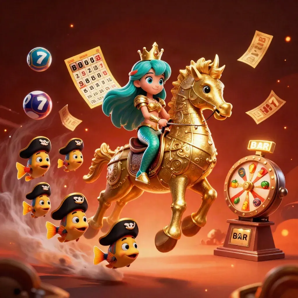 Mermaid princess on a gold seahorse amid pirate fish, lottery balls, reels, and ember-lit casino chaos.