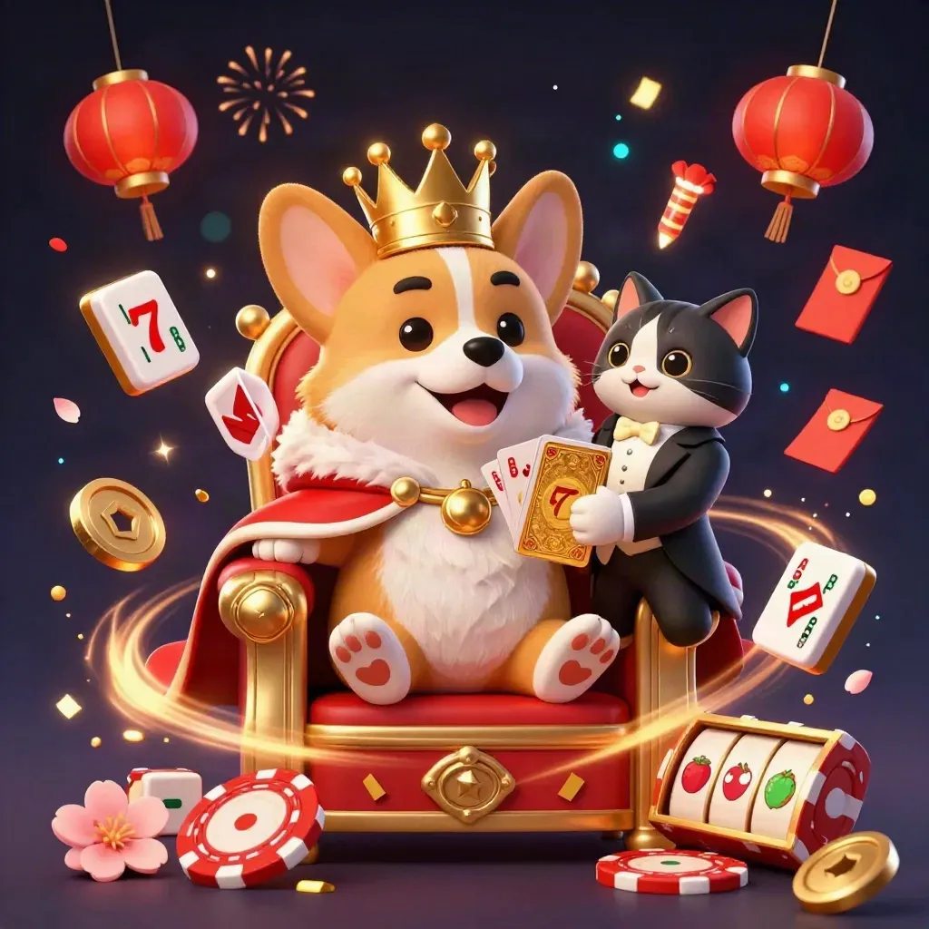 Royal corgi and cat butler on chip throne amid roulette fortune effects.