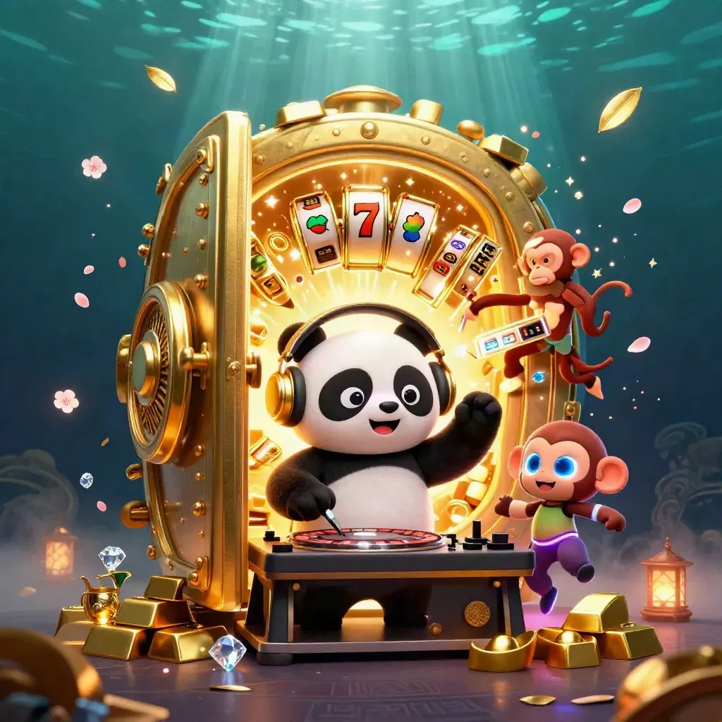 DJ panda, breakdancing monkey, and rave kitten in a gold roulette jackpot burst