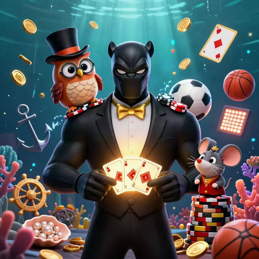 Panther, owl, and mouse in underwater casino treasure art with coins, coral, and glowing chips.