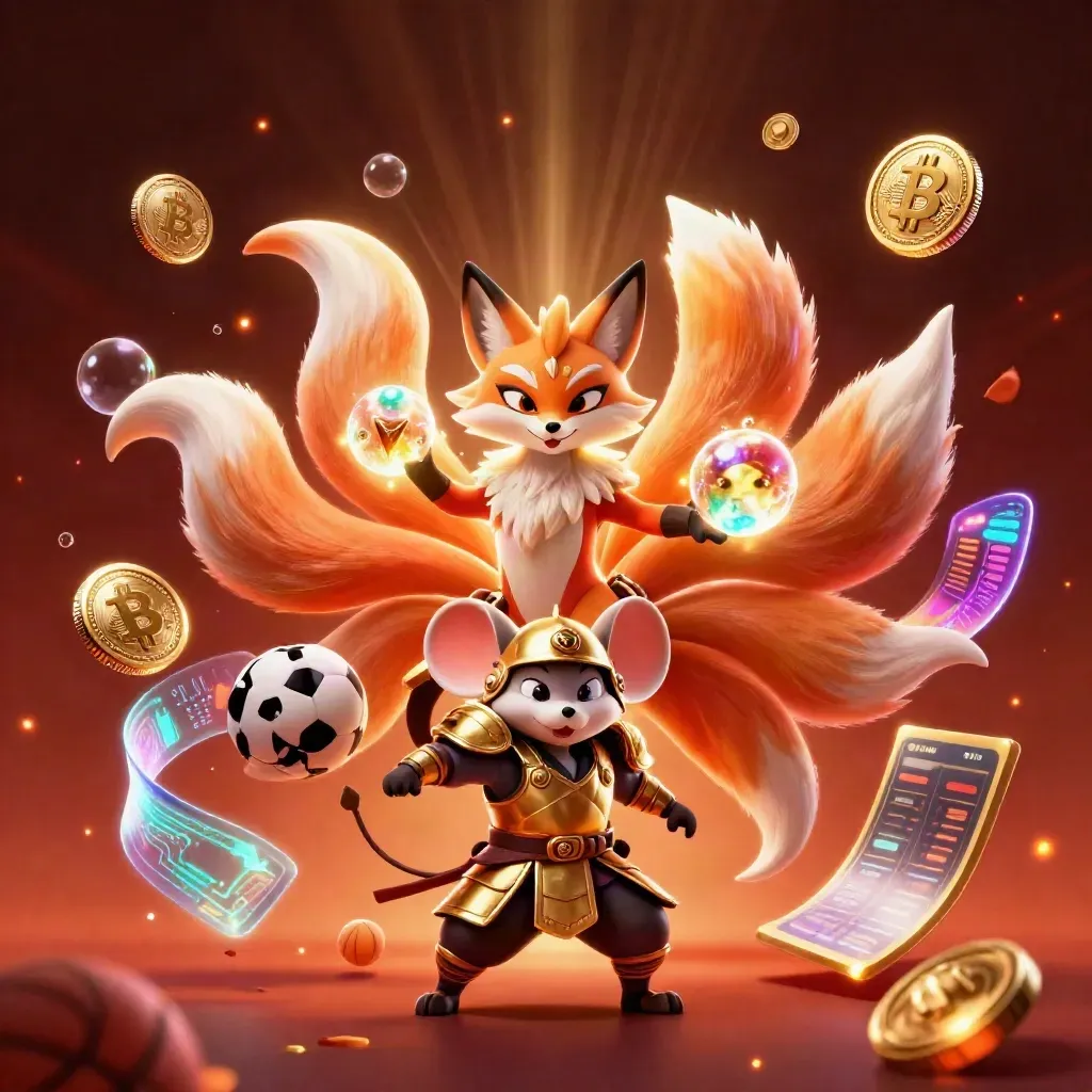 Fox spirit and golden mouse amid casino coins, lightning, and neon energy on a crimson glow background.