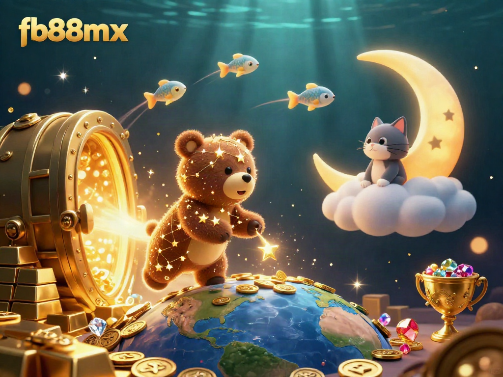 Win big at fb88mx with this 3D casino fantasy scene showcasing treasures and gaming elements.
