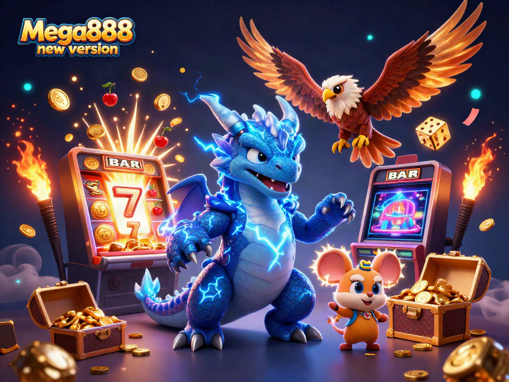 Engage with Mega888 new version, showcasing vibrant casino adventures with dynamic game elements.