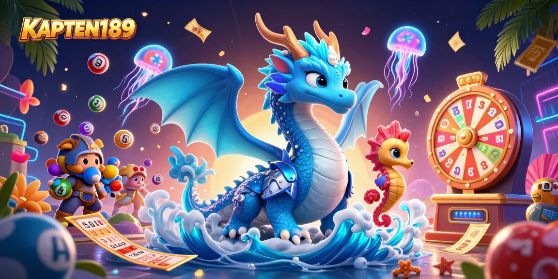 KAPTEN189 menampilkan ilustrasi 3D kasino dengan naga air dan kuda laut, dikelilingi bola lotere berwarna, kartu bingo, dan elemen kasino lainnya.