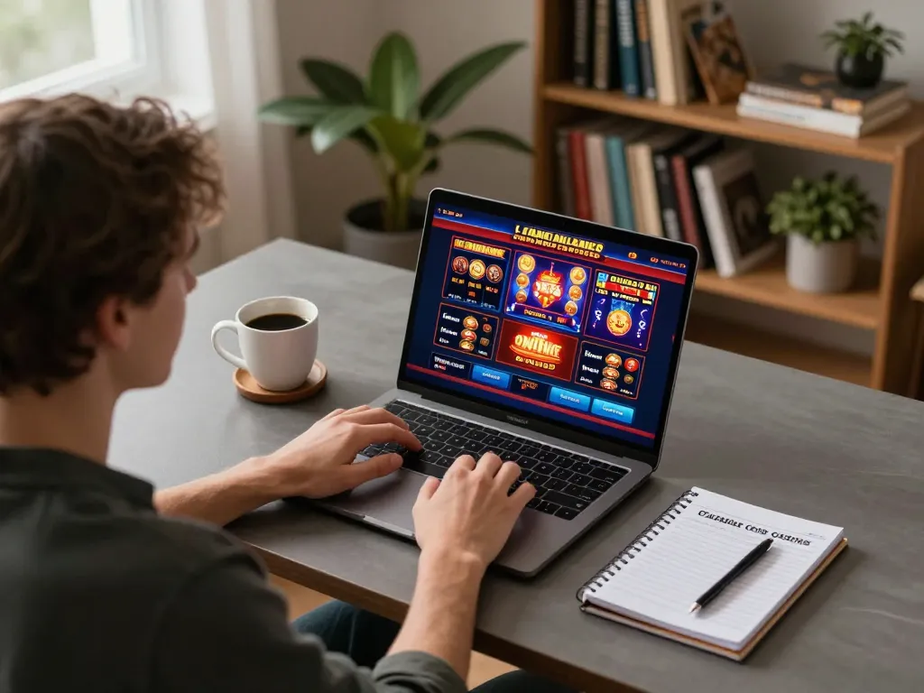 Engaging in Canadian online casinos gameplay on a laptop with strategic notes visible.