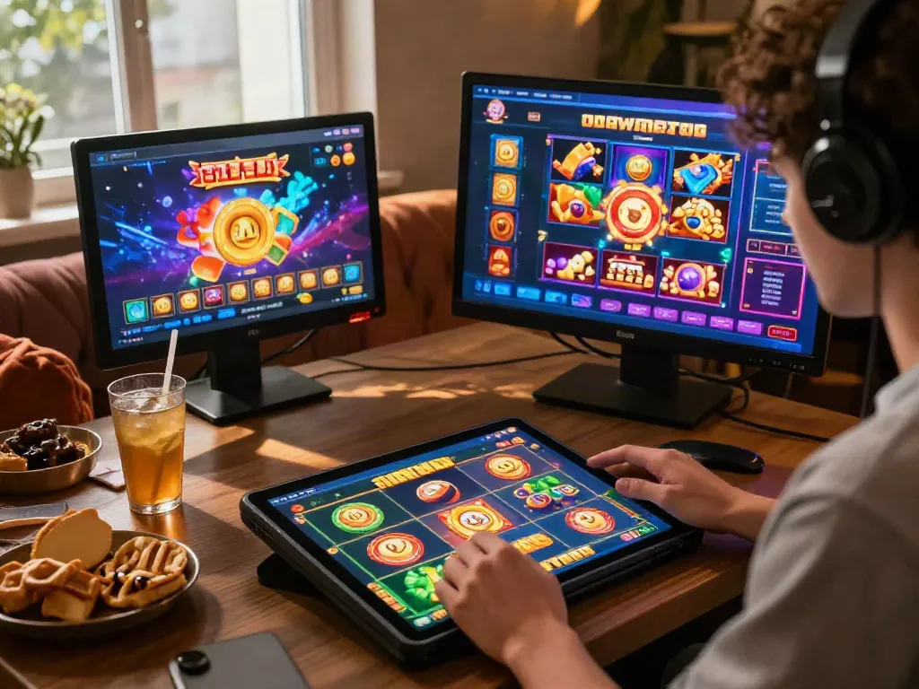 Engaging player enjoying akunjp online gambling on a tablet, vibrant graphics and cozy atmosphere.