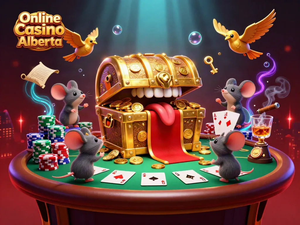 Experience Online Casino Alberta with a dynamic 3D illustrative scene of poker and treasure elements.