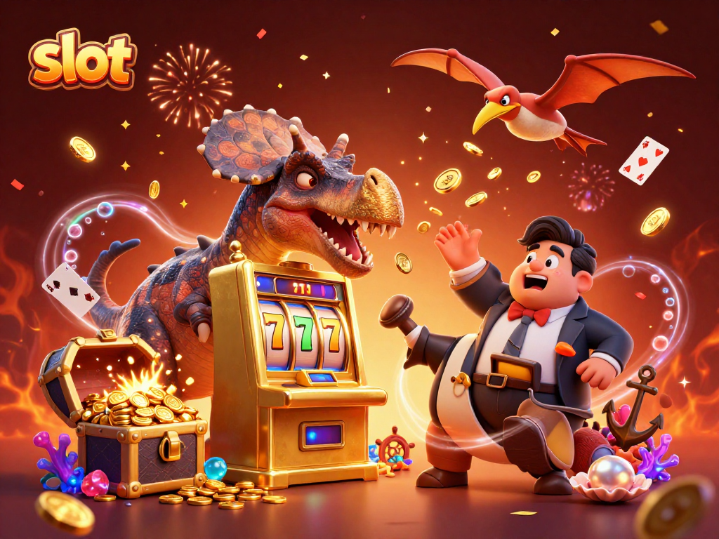 Slot machine pays out jackpot as cartoon dinosaurs celebrate amidst coins and confetti.