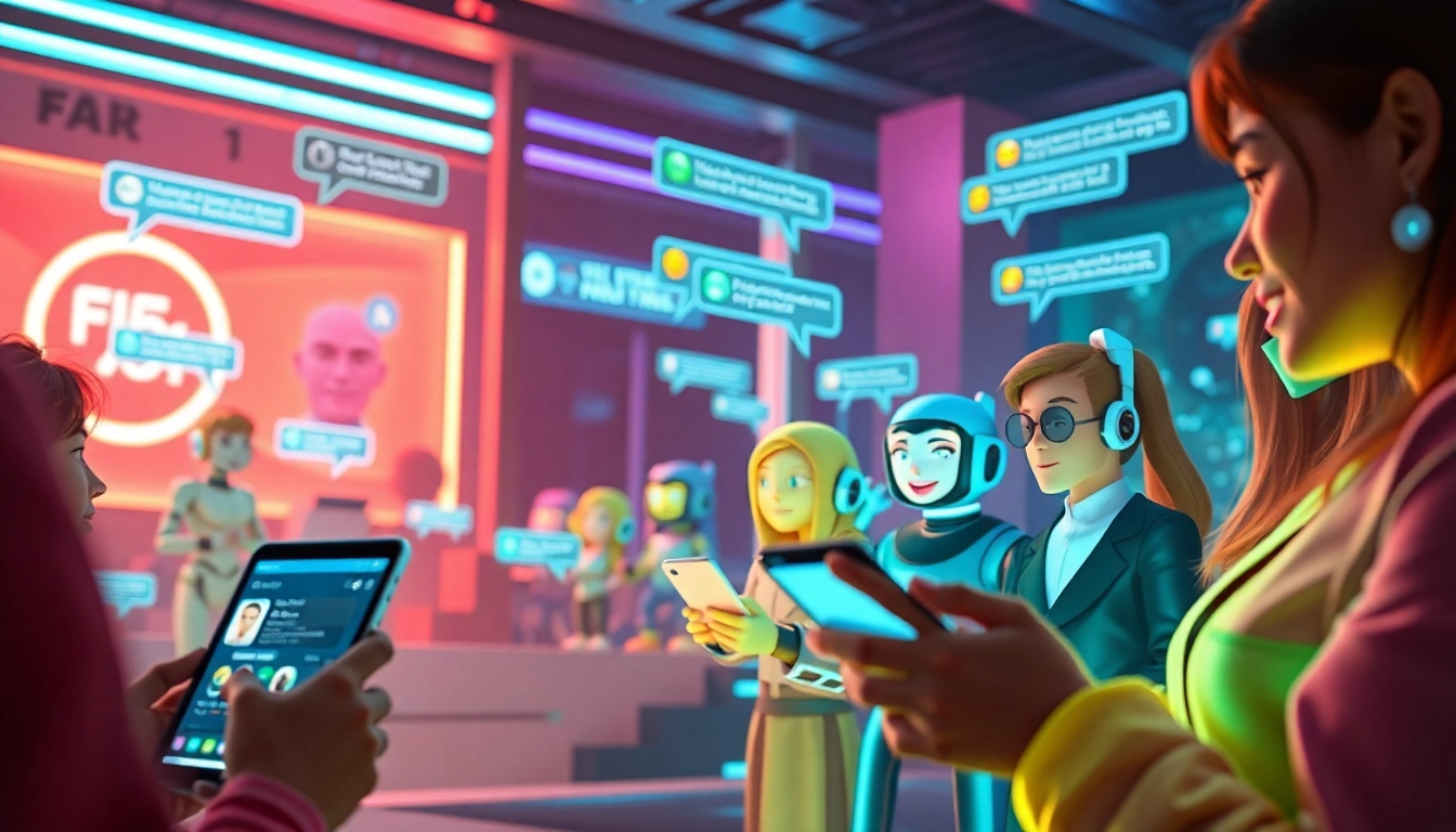 NSFW character AI chat interaction in a vibrant digital landscape featuring animated chatbots and engaging user interfaces.