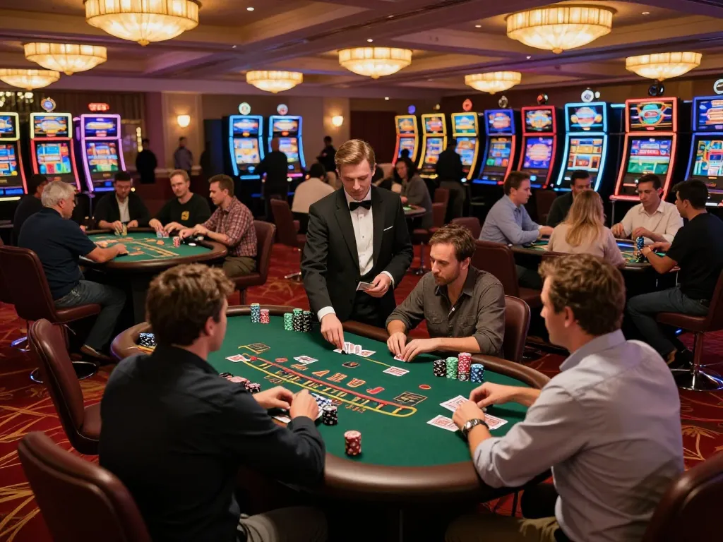 F8BET players enjoying an engaging blackjack game at a bustling casino floor