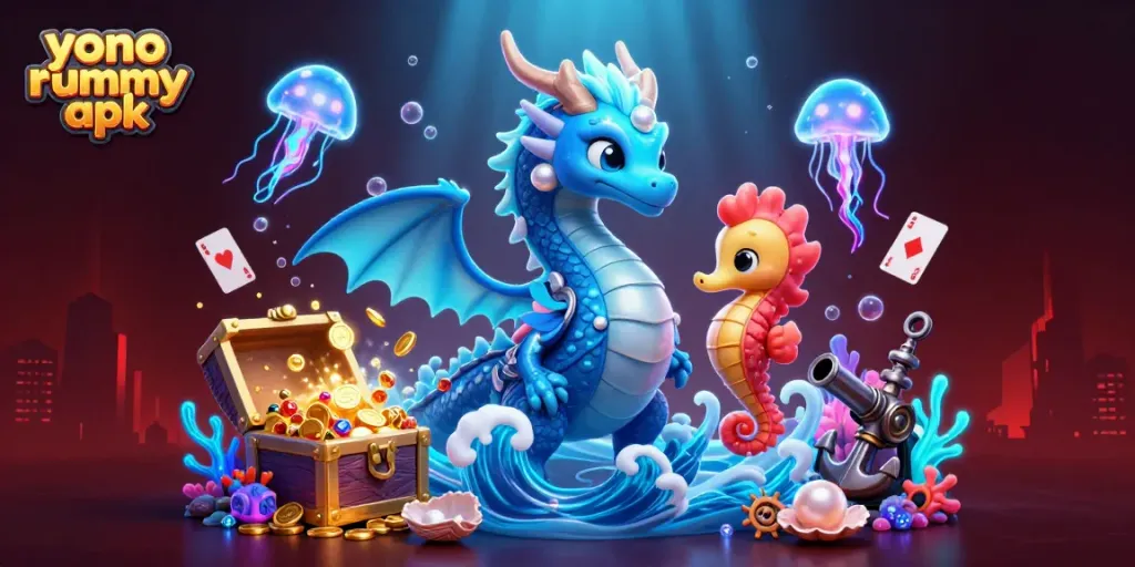 Menangkan permainan dengan Yono Rummy APK yang menampilkan naga air, kesatria kuda laut, dan Medusa neon.