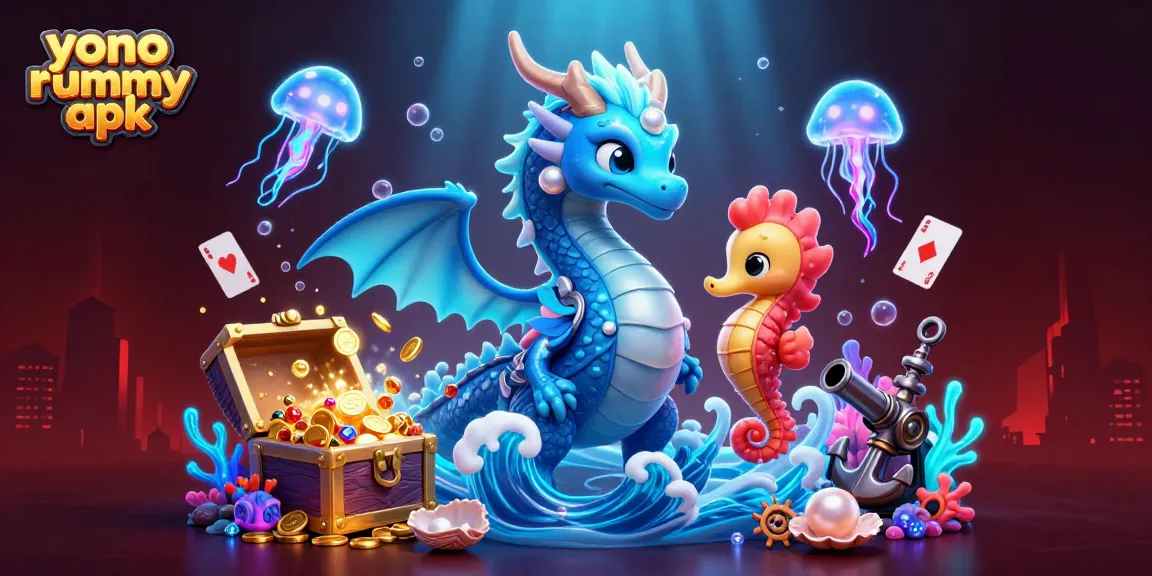 Menangkan permainan dengan Yono Rummy APK yang menampilkan naga air, kesatria kuda laut, dan Medusa neon.