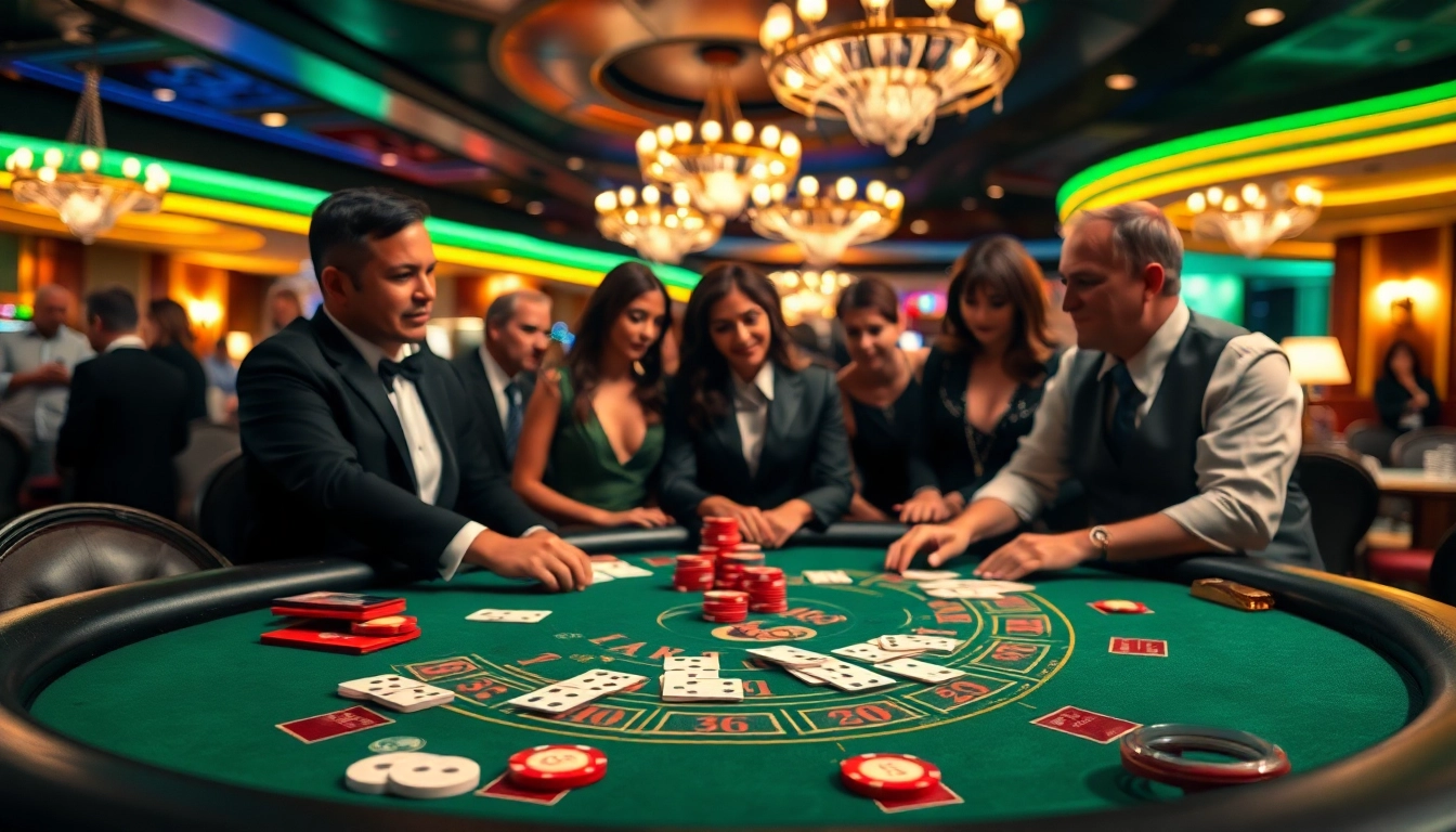 Engaging scene of Blackjack Casino game with diverse players at a vibrant table.