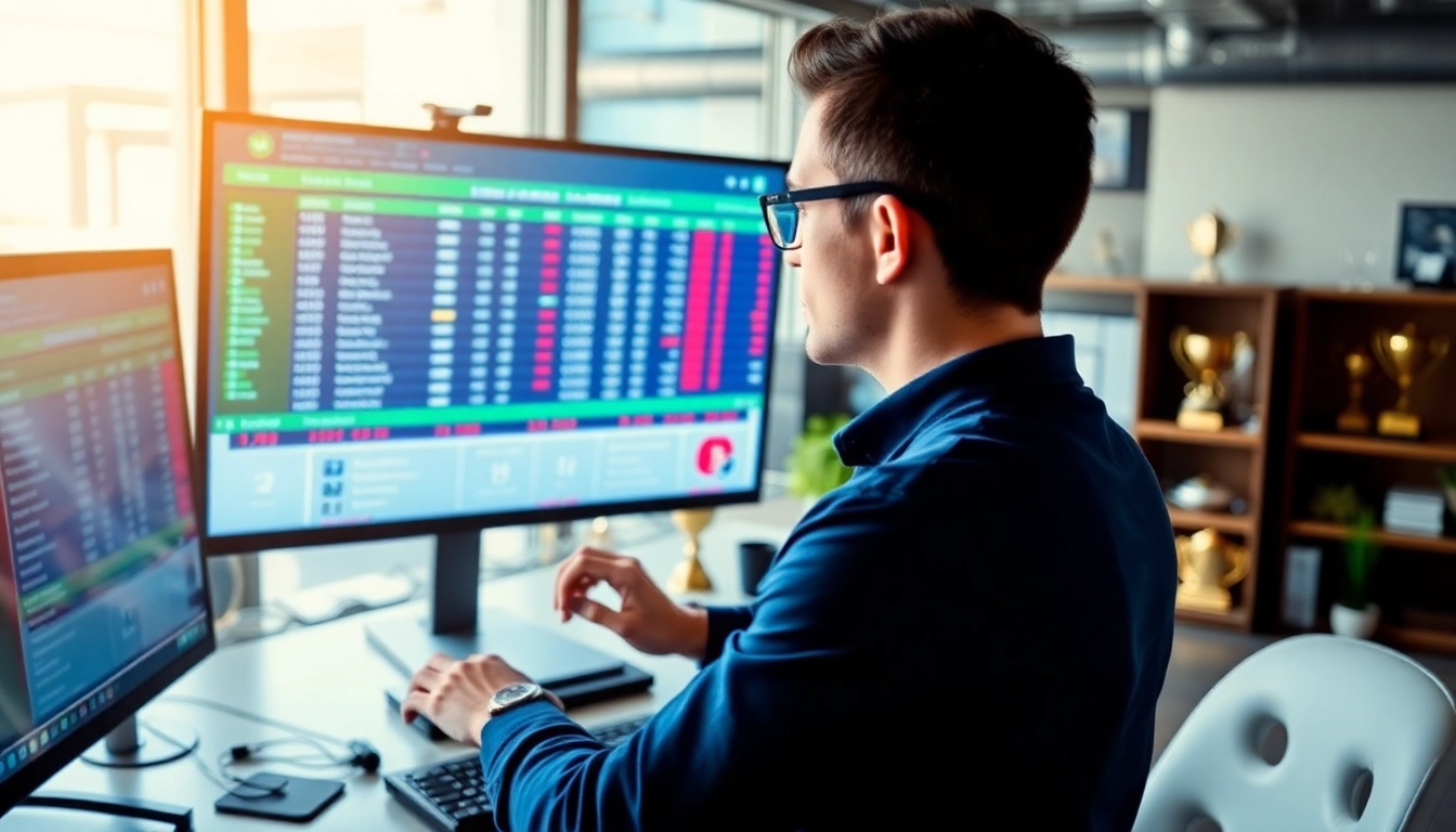 Engage in Sports Betting with a professional setup analyzing live odds and sports data.