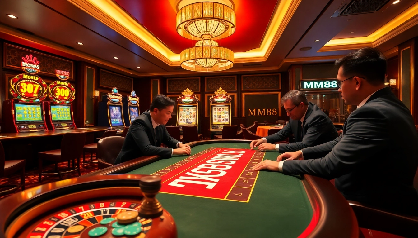 Players strategizing at the MM88 poker table in an elegant casino setting.