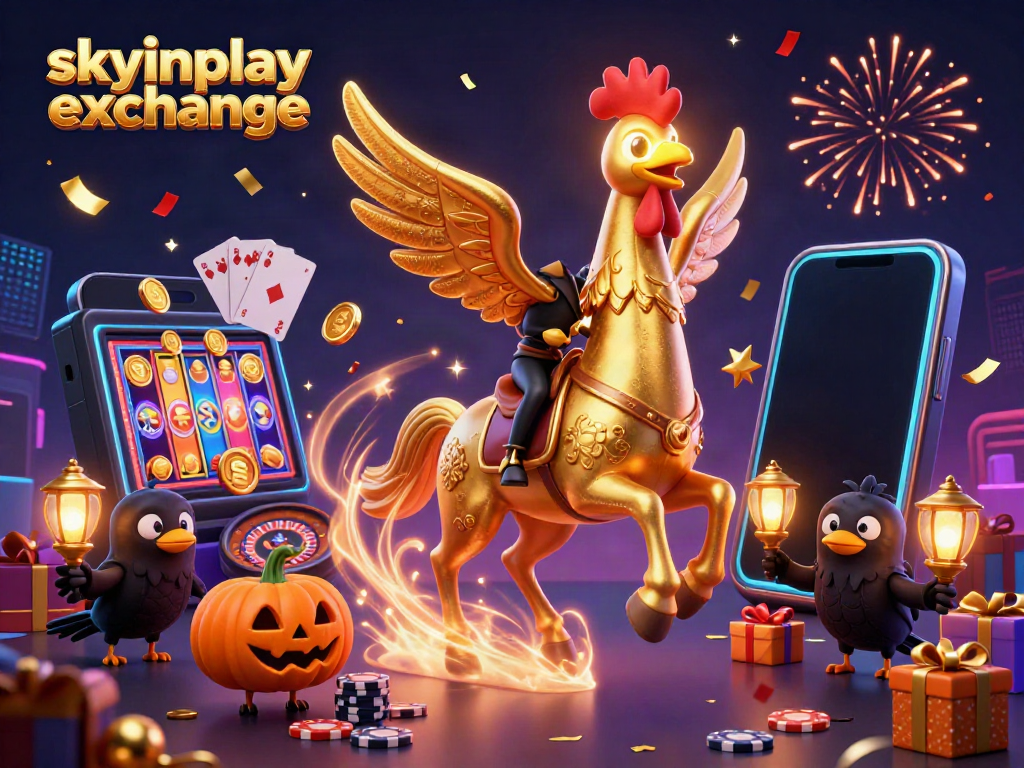 Engage with skyinplay exchange in this vibrant, magical casino scene featuring a golden rooster and casino elements.