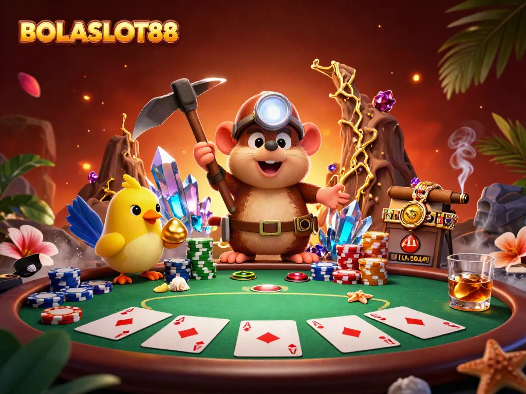 BOLASLOT88 highlights vibrant casino action with a treasure hunter mole and poker elements in a dynamic cave.