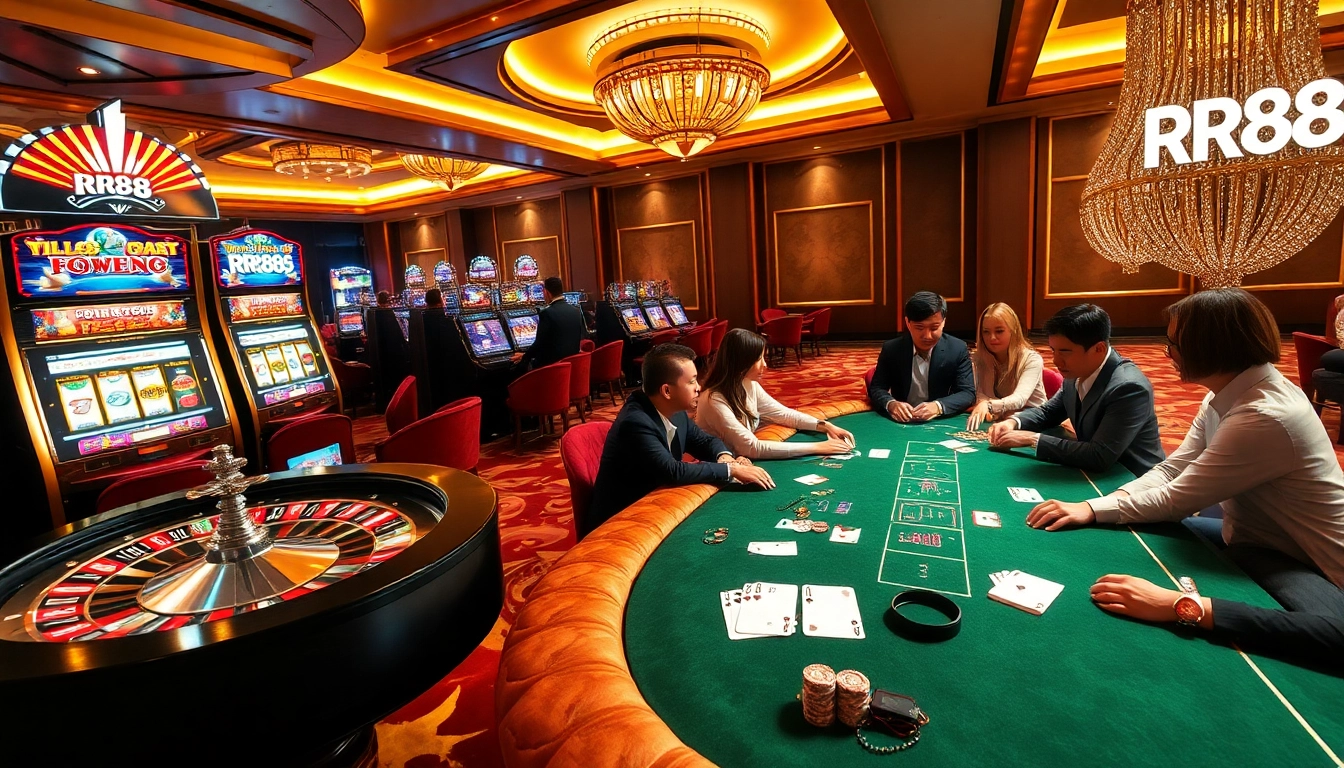 Experience the thrill of RR88 casino with vibrant slot machines and luxurious casino tables.