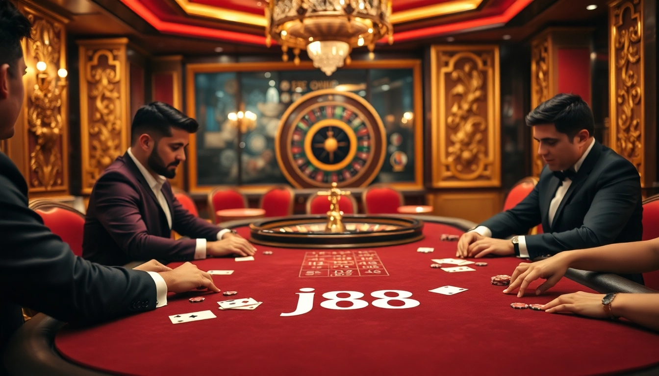 Players engaging in a thrilling poker game at j88 casino, surrounded by roulette wheels and vibrant decor.