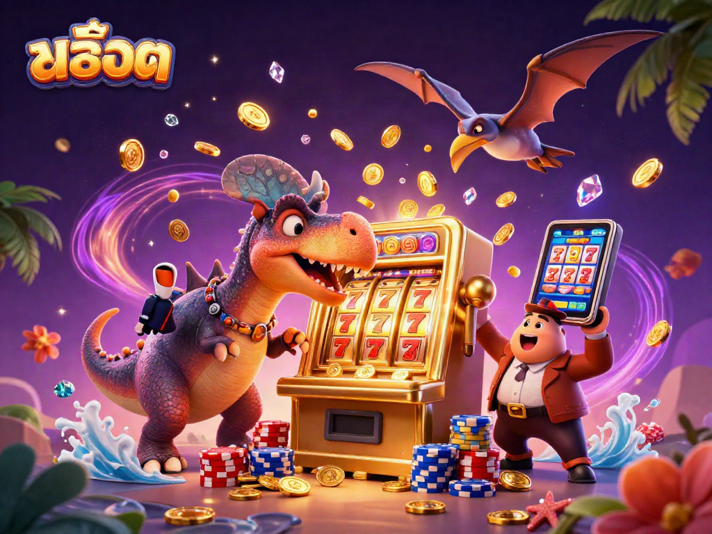 สล็อต jackpot scene with a dinosaur winning big at a slot machine amidst flying coins