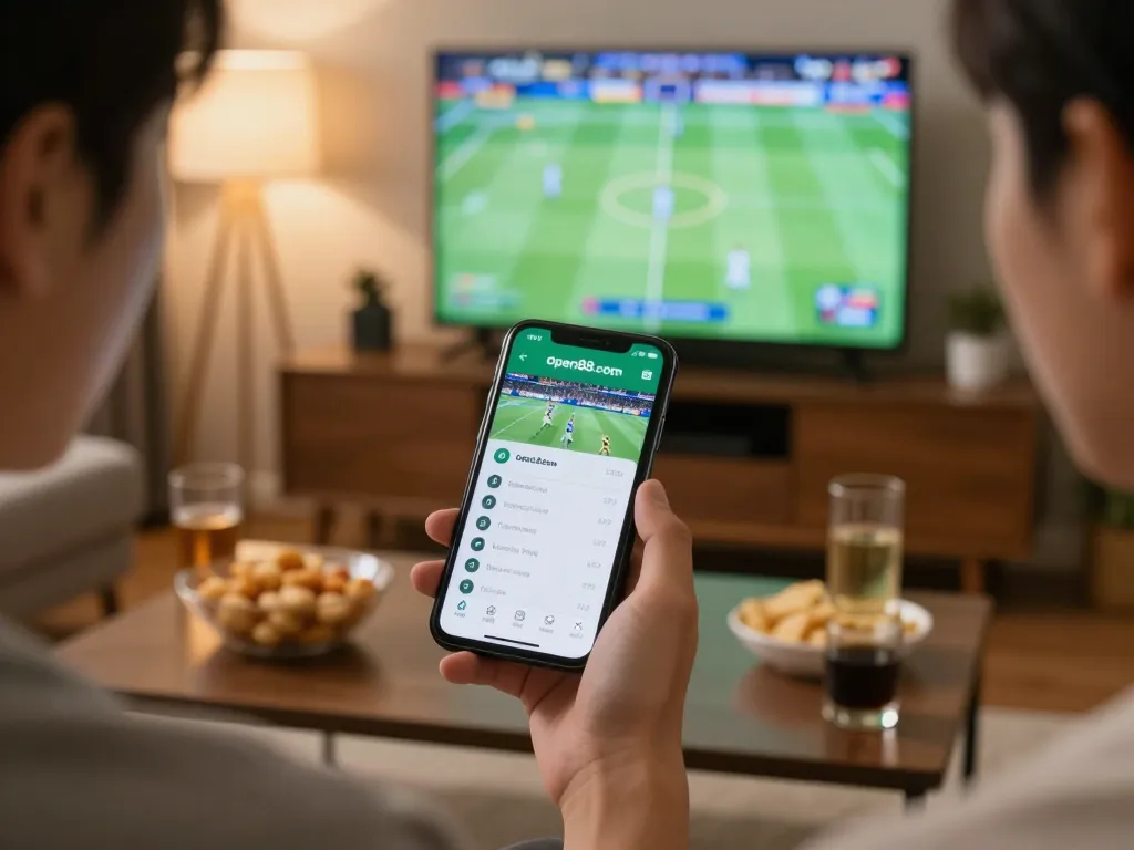Engaging in sports betting with open88.com app in a cozy living room.
