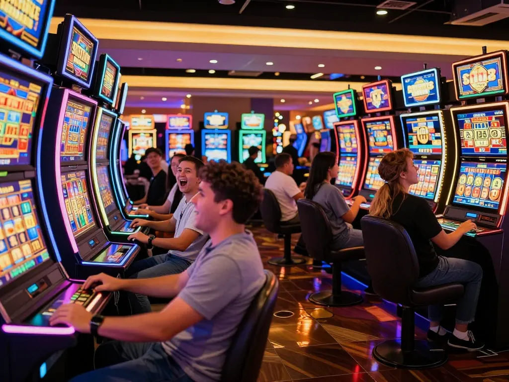 Players engaging with slot machines in an electrifying casino atmosphere filled with colorful lights.