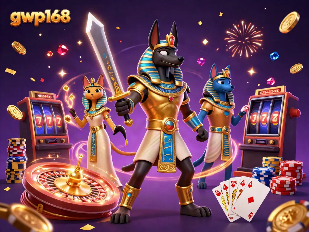 Gwp168 menangkan jackpot dengan karakter Anubis dan Bastet dalam permainan kasino yang meriah.