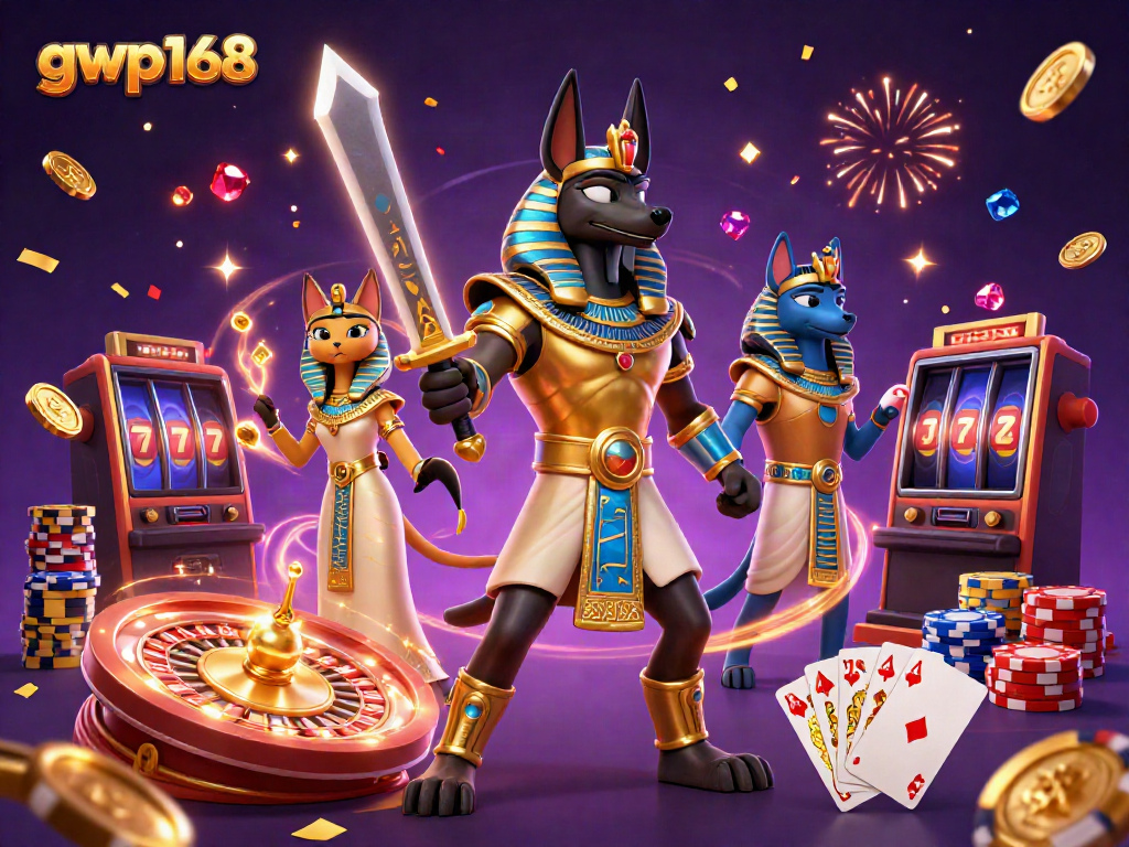 Gwp168 menangkan jackpot dengan karakter Anubis dan Bastet dalam permainan kasino yang meriah.