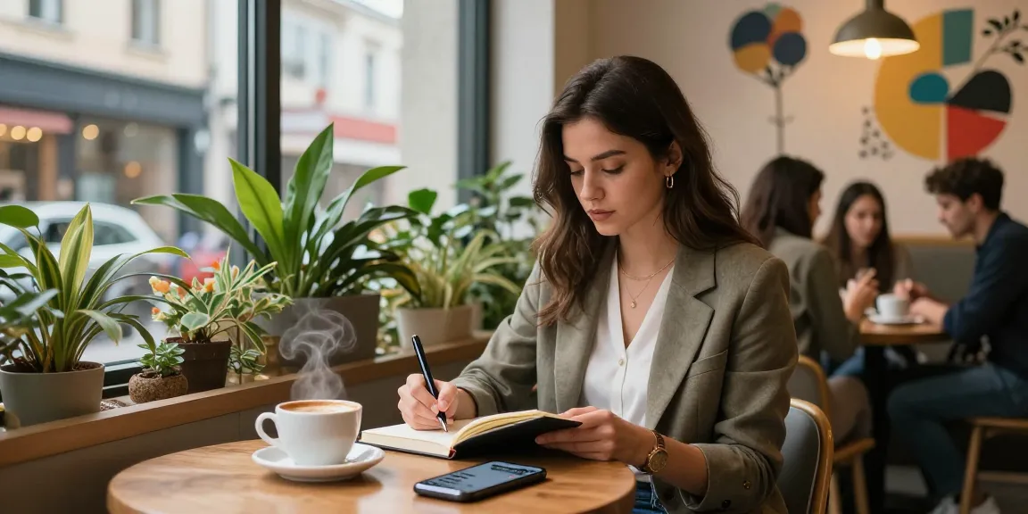 Gái gọi trẻ trung ngồi tại quán cà phê hiện đại, thưởng thức cafe và viết ghi chú.