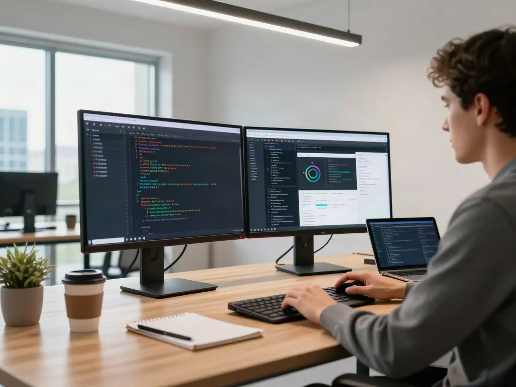 A80 website development workspace showcasing dual monitors, coding tools, and a city view.