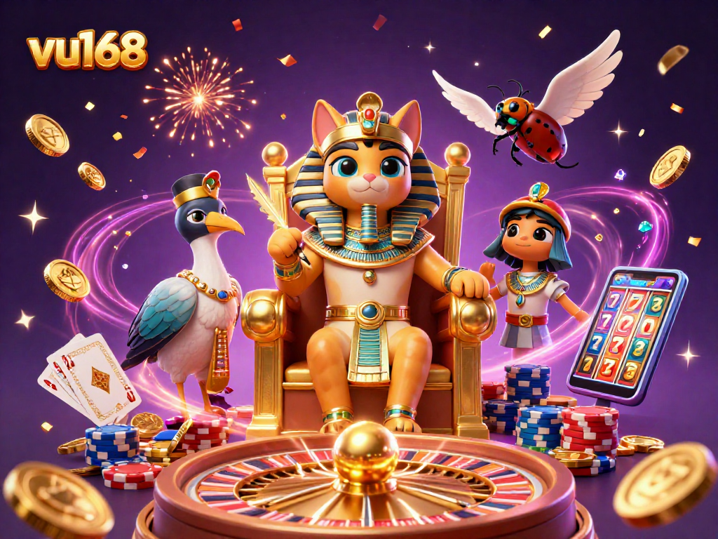 Win thrilling rewards at vu168 with pharaoh cat in a vibrant casino scene and sparkling gems.